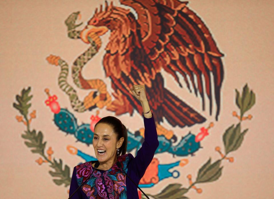 Presidential candidate of the ruling Morena party Claudia Sheinbaum, gestures while addressing her supporters after winning the presidential election, in Mexico City, Mexico June 3, 2024. REUTERS/Raquel Cunha