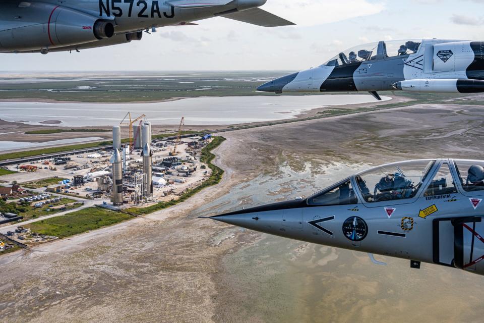 jets flying over spacex starship facilities texas