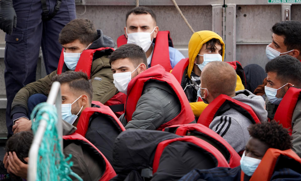 A group of people thought to be migrants, are brought in to Dover, Kent, from a Border Force vessel following a small boat incident in the Channel. Picture date: Monday September 5, 2022.