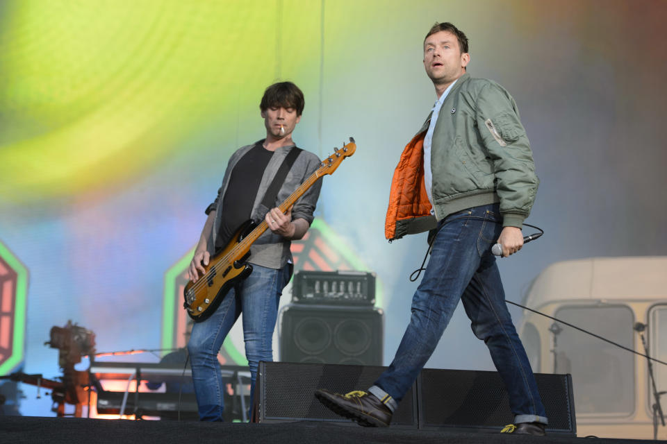 Damon Albarn and Alex James of Blur performing at the British Summertime Festival in Hyde Park, London. 