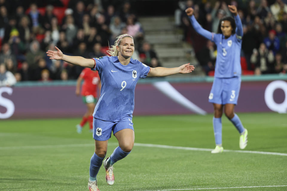 France's Eugenie Le Sommer celebrates after scoring her team's fourth goal during the Women's World Cup round of 16 soccer match between France and Morocco in Adelaide, Australia, Tuesday, Aug. 8, 2023. (AP Photo/James Elsby)