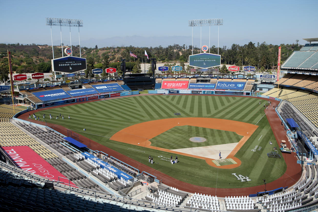 LOS ANGELES, CA - JULY 23:  A general view of Dodger Stadium during batting practice prior to the game between the San Francisco Giants and the Los Angeles Dodgers at Dodger Stadium on Thursday, July 23, 2020 in Los Angeles, California. (Photo by Rob Leiter/MLB Photos via Getty Images)