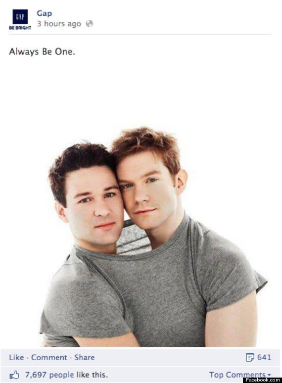 When Gap launched an ad campaign featuring two men pressed together under a shared t-shirt, anti-LGBT group called One Million Moms, which is part of the American Family Association, launched a boycott. The group <a href="http://www.opposingviews.com/i/society/gay-issues/one-million-moms-protests-gap-clothing-gay-billboard" target="_hplink">stated</a>, "GAP Inc. Brands, including Old Navy, Banana Republic, Piperlime and Athleta, does not deserve, nor will it get, money from conservative families across the country. Supporting GAP is not an option until they decide to remain neutral in the culture war. GAP needs to seriously consider how their immoral advertising affect the youth of our nation."