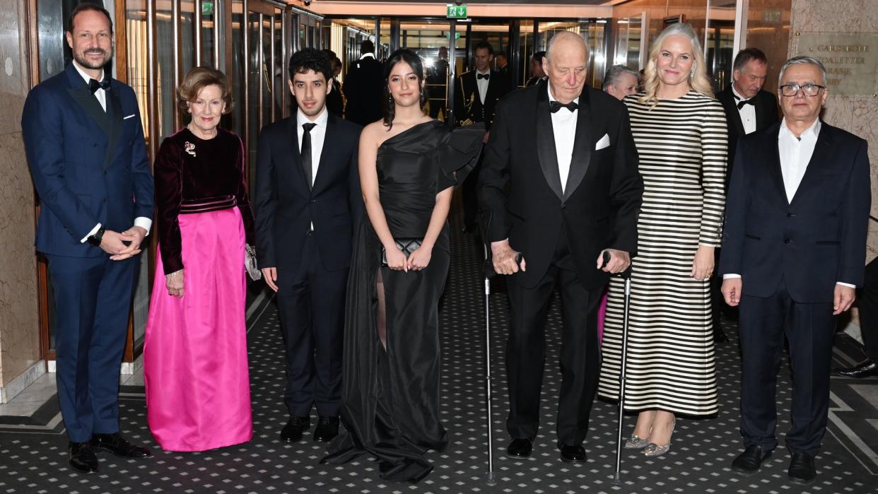 Crown Prince Haakon, Queen Sonja, Ali Rahmani,  Kiana Rahmani, King Harald, Crown Princess Mette- Marit and Taghi Rahmani attend the Nobel Peace Prize banquet