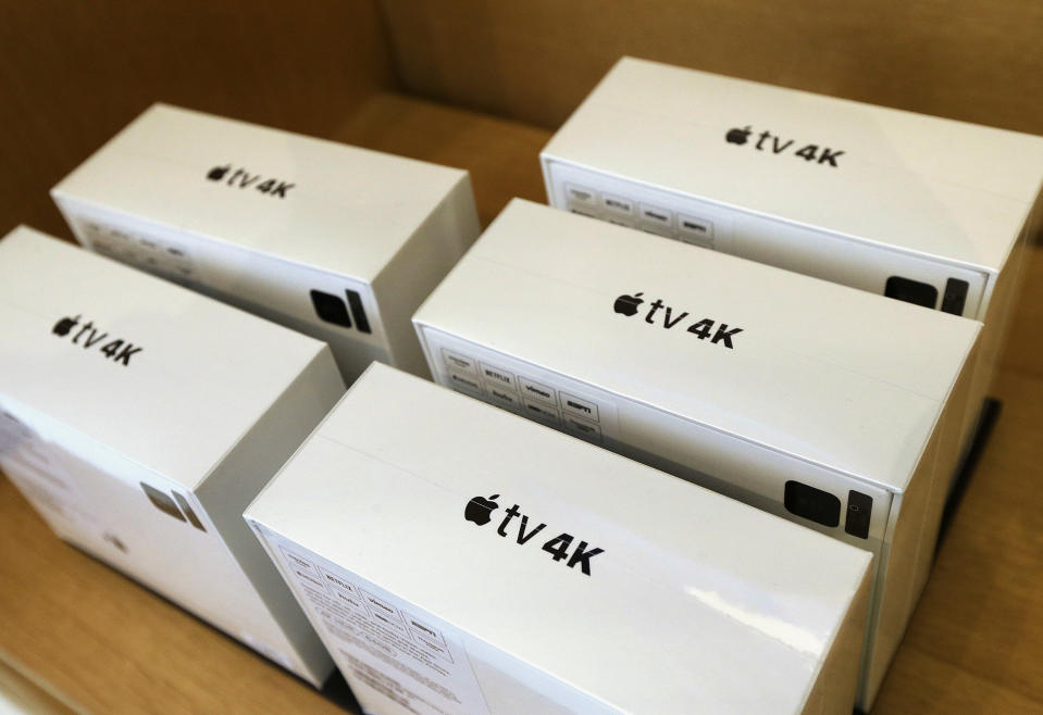 Apple TV 4K boxes are shown on a display at an Apple Store in San Francisco, Friday, Sept. 22, 2017. Many of Apple's newest products came out Friday. (AP Photo/Jeff Chiu)