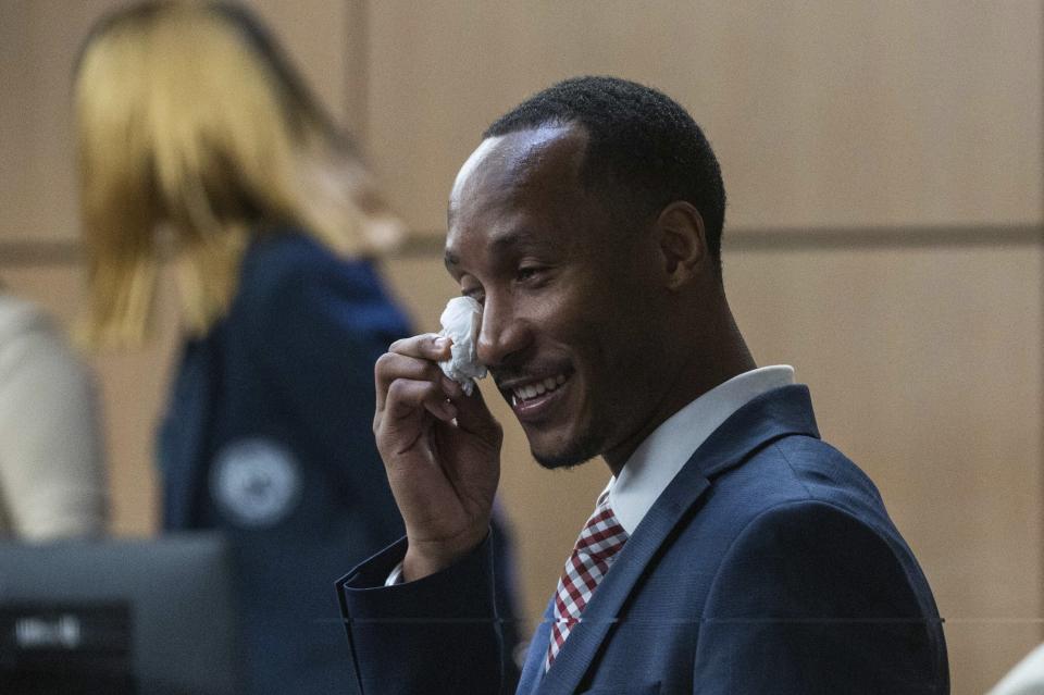 Travis Rudolph reacts after a jury verdict was read finding him not guilty on Wednesday in West Palm Beach, Florida. (Andres Leiva/The Palm Beach Post via AP, Pool)