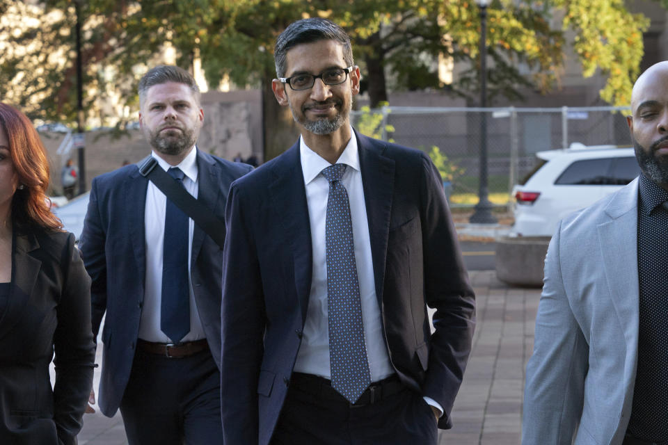 Google and Alphabet Inc. CEO Sundar Pichai arrives at the federal courthouse in Washington, Monday, Oct. 30, 2023. (AP Photo/Jose Luis Magana)