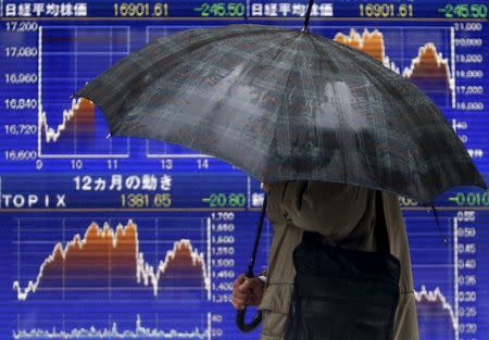 A pedestrian holding an umbrella walks past an electronic board showing the graphs of the recent fluctuations of Japan's Nikkei average outside a brokerage in Tokyo, Japan, January 18, 2016. REUTERS/Yuya Shino