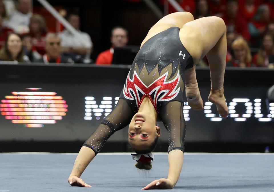 Utah’s Makenna Smith does her floor routine as the Utah Red Rocks compete against Boise State in a gymnastics meet at the Huntsman Center in Salt Lake City on Friday, Jan. 5, 2024. Utah won. | Kristin Murphy, Deseret News