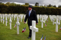 Grandson of WWI hero Alvin York, Colonel Gerald York, walks in the Meuse-Argonne cemetery, northeastern France, during a remembrance ceremony, Sunday, Sept. 23, 2018. A remembrance ceremony is taking place Sunday for the 1918 Meuse-Argonne offensive, America's deadliest battle ever that cost 26,000 lives but helped bringing an end to World War 1. (AP Photo/Thibault Camus)