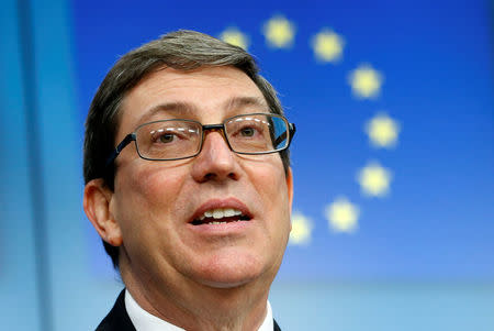 Cuba's Foreign Minister Bruno Rodriguez addresses a joint news conference with European Union foreign policy chief Federica Mogherini at the EU Council in Brussels, Belgium May 15, 2018. REUTERS/Francois Lenoir