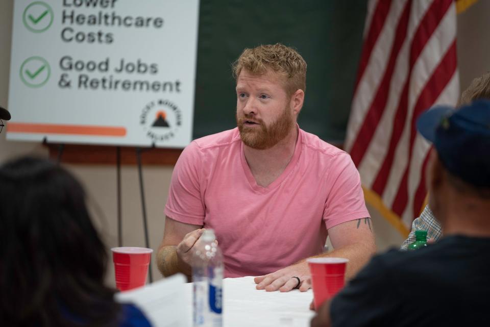 Military veteran Chris Sutton speaks during a Rocky Mountain Values rountable discussion on the one year anniversary of the PACT Act being signed into law, legislation that U.S. Representative Lauren Boebert, opposed.