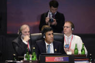 FILE - British Prime Minister Rishi Sunak attends a working session on food and energy security at the G20 Summit in Nusa Dua, Bali, Indonesia, Nov. 15, 2022. British Prime Minister Rishi Sunak marks 100 days as U.K. prime minister on Thursday, Feb. 2 – more than twice the number achieved up by his ill-fated predecessor, Liz Truss. But the leader who calmed financial markets after Truss' disastrous economic plans now faces a host of challenges, from double-digit inflation and a wave of strikes to ethics scandals in the governing Conservative Party. (Leon Neal/Pool Photo via AP, file)