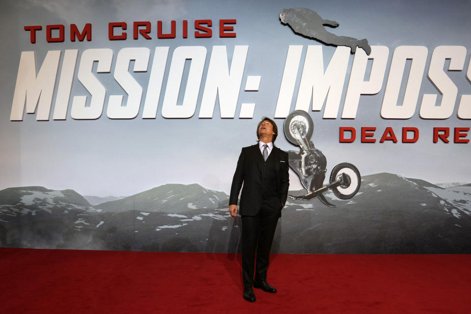 Tom Cruise reacts at the premiere of the film "Mission Impossible, Dead Reckoning Part One" at the Emirates Palace in Abu Dhabi, United Arab Emirates, Monday, June 26, 2023. (AP Photo/Kamran Jebreili)