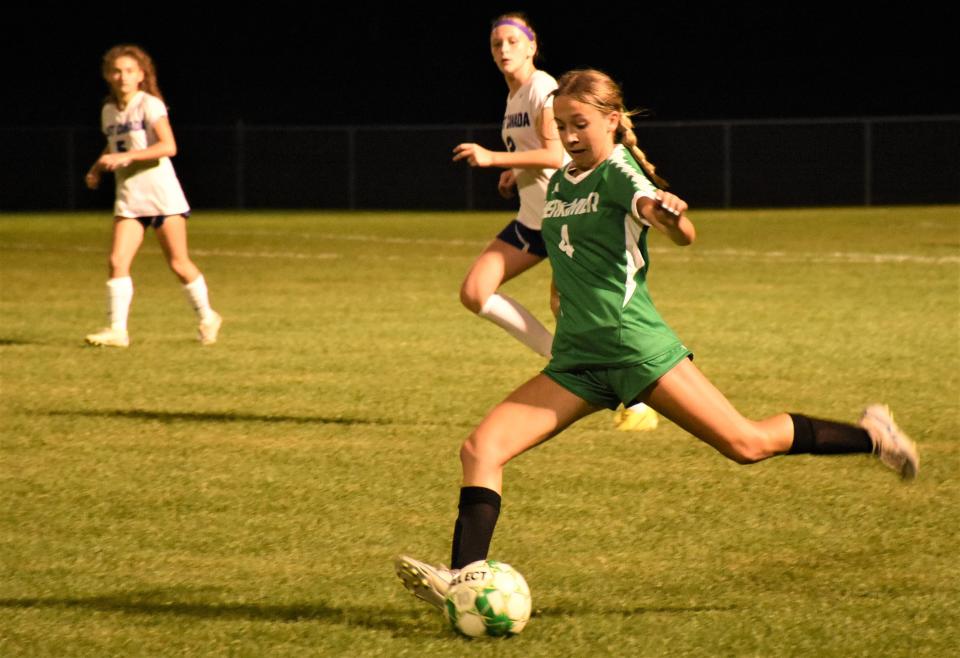 Katelyn Carney (4) boots the ball up the field for the Herkimer Magicians late in Wednesday's victory over West Canada Valley.