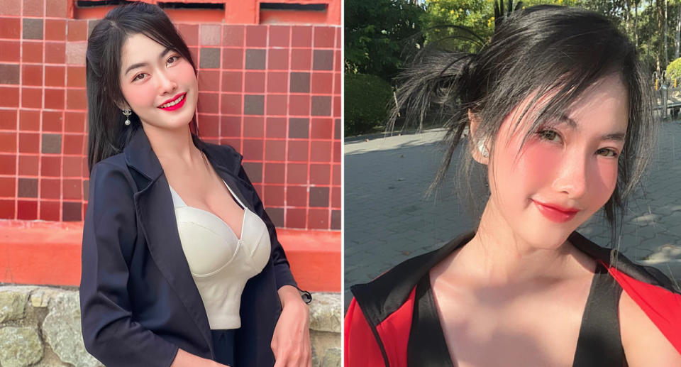 Kanyarat Promwong wearing a white top and blazer standing in front of a red wall and smiling for a selfie with clear skin.