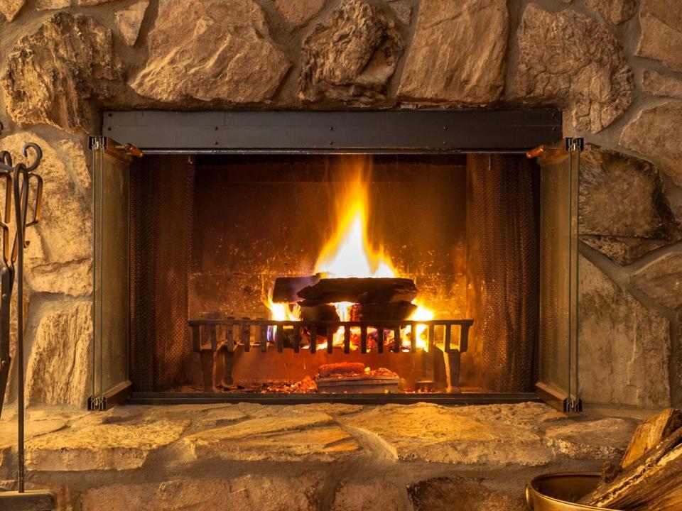 A fire burning in a fireplace