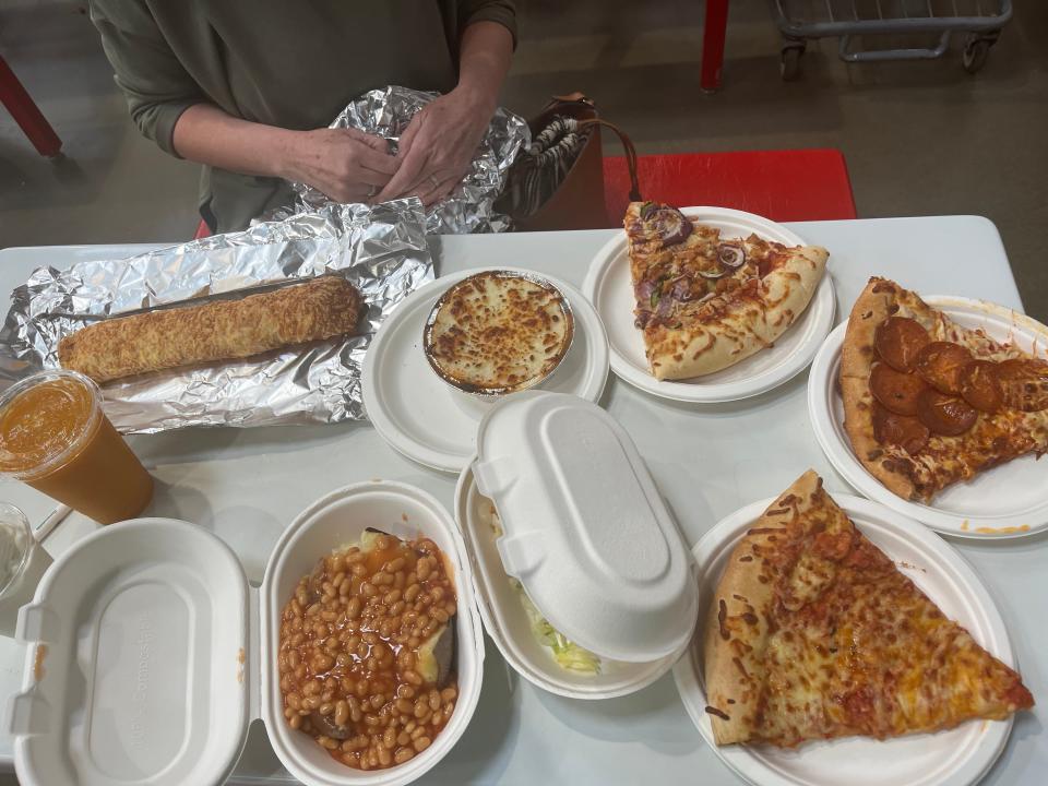 UK Costco food court foods on a table