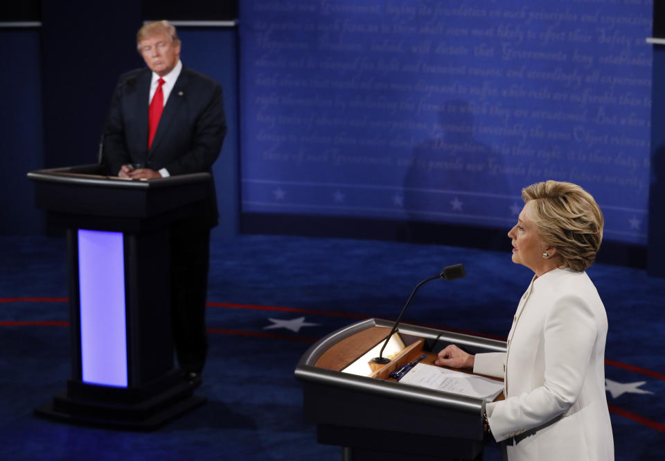 Democratic presidential nominee Hillary Clinton debates with Republican presidential nominee Donald Trump during the third presidential debate at UNLV in Las Vegas, Wednesday, Oct. 19, 2016. (Mark Ralston/Pool via AP)