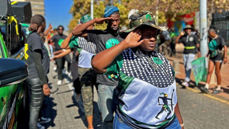 MK members salute outside the Constitutional Court in Johannesburg, South Africa - Friday 10 May 2024