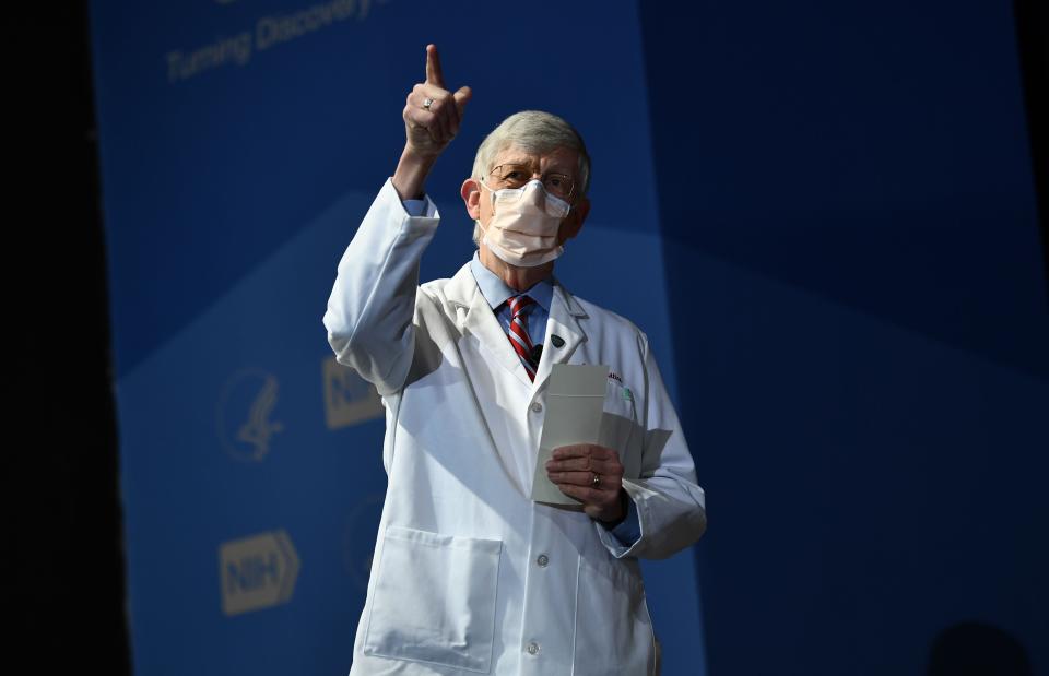 Dr. Francis Collins delivers welcoming remarks on Jan. 26 at the National Institutes of Health in Bethesda, Maryland. The NIH director calls the vaccines an &ldquo;answer to a lot of prayers.&rdquo; (Photo: BRENDAN SMIALOWSKI/AFP via Getty Images)