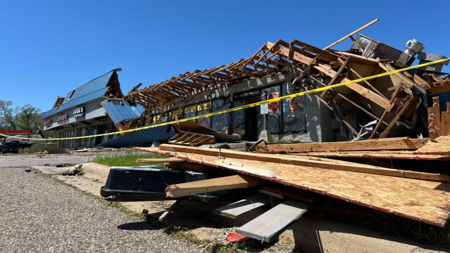What's left of a Pizza Hut on W Centre Avenue in Portage following a tornado. It was part of a strip mall that took a direct hit. (May 8, 2024)