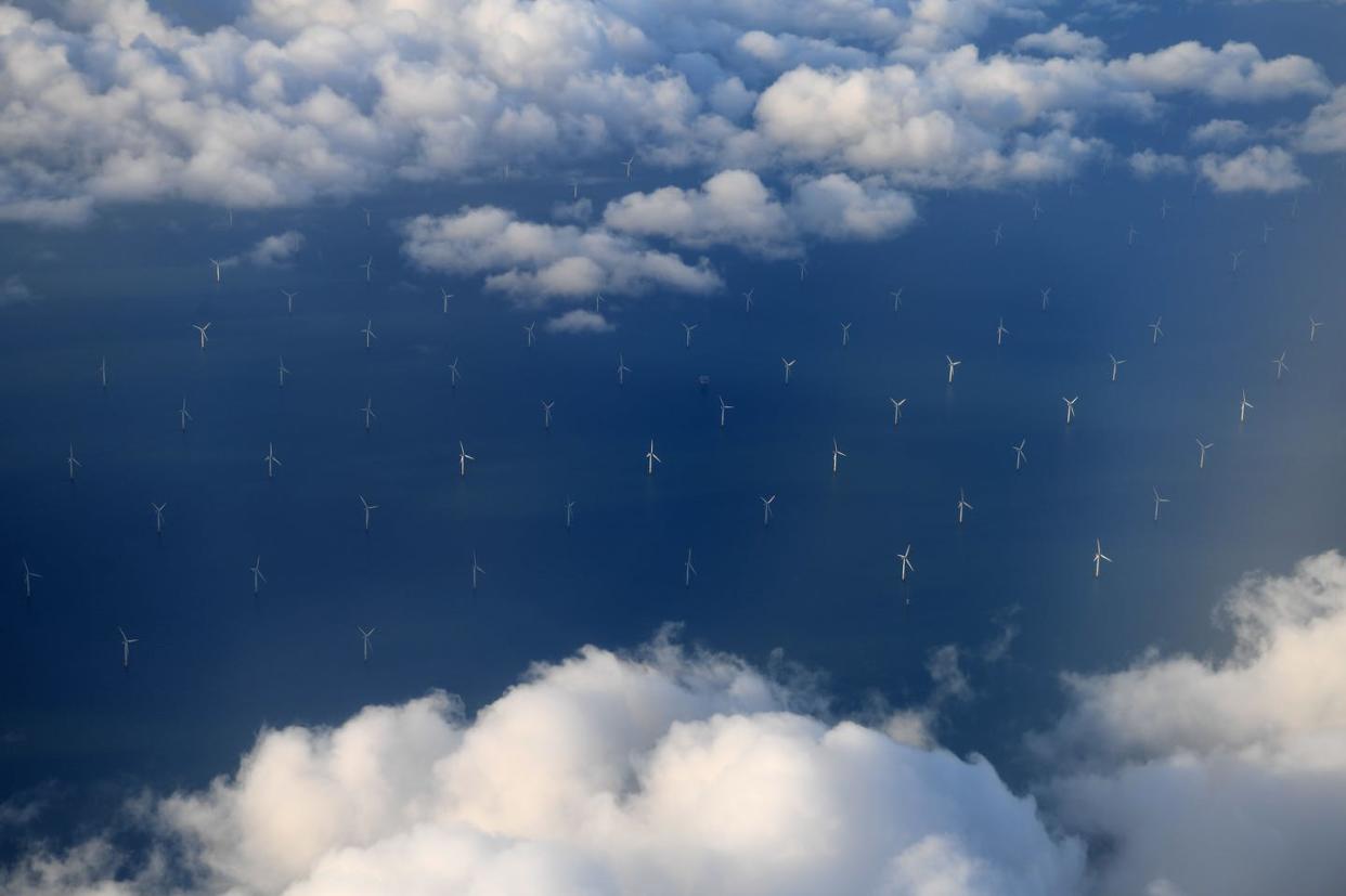 <span class="caption">Coming to U.S. waters? Here's an aerial view of the Burbo Bank offshore wind farm in Liverpool Bay, England.</span> <span class="attribution"><a class="link " href="https://www.gettyimages.com/detail/news-photo/in-this-file-photo-taken-on-november-08-2017-wind-turbines-news-photo/1196290710" rel="nofollow noopener" target="_blank" data-ylk="slk:Paul Ellis/AFP via Getty Images;elm:context_link;itc:0;sec:content-canvas">Paul Ellis/AFP via Getty Images</a></span>