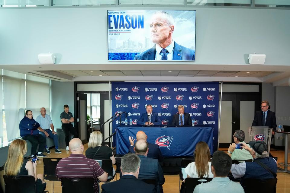 Jul 23, 2024; Columbus, OH, USA; Dean Evason is introduced as the new head coach of the Columbus Blue Jackets during a press conference with general manager Don Waddell at Nationwide Arena.