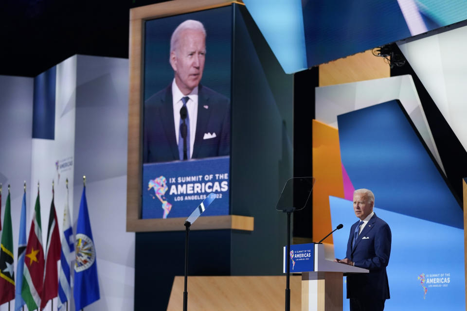 President Joe Biden speaks during the opening plenary session of the Summit of the Americas, Thursday, June 9, 2022, in Los Angeles. (AP Photo/Evan Vucci)