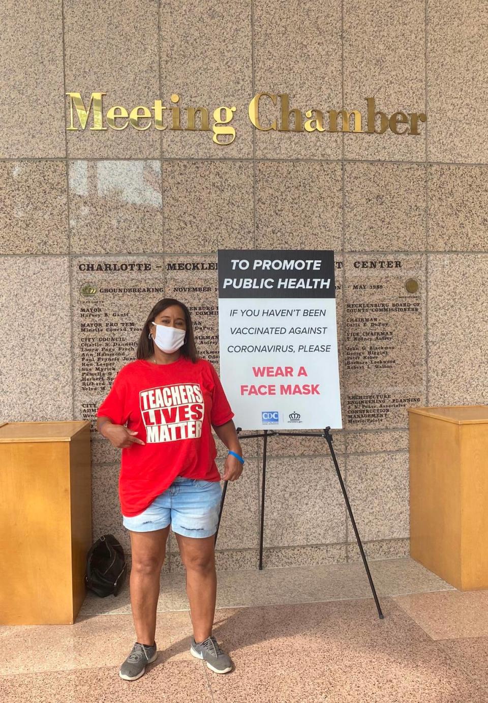 Former teacher Dawne Cornelius attended the Charlotte-Mecklenburg school meeting on Friday, July 30, 2021, in support of a mask-mandate.