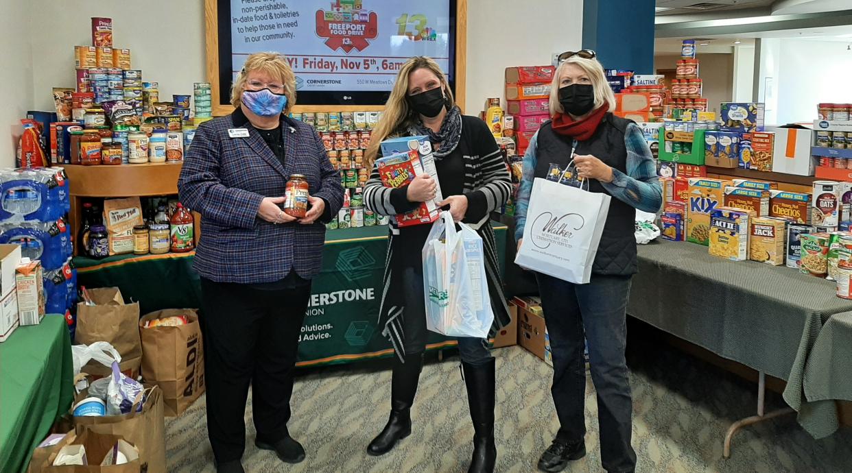 Freeport Area Church Cooperative benefited from a food drive held Nov. 5, 2021, at Cornerstone Credit Union in Freeport. Pictured are Credit Union Marketing Director Lorna Cote (left), FACC Executive Director Amy Korte and Food Pantry Manager Marcia Gorski.