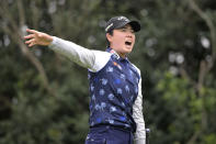 Yuka Saso, of Japan, calls out after hitting her tee shot wide on the eighth hole during the final round of the Tournament of Champions LPGA golf tournament, Sunday, Jan. 23, 2022, in Orlando, Fla. (AP Photo/Phelan M. Ebenhack)