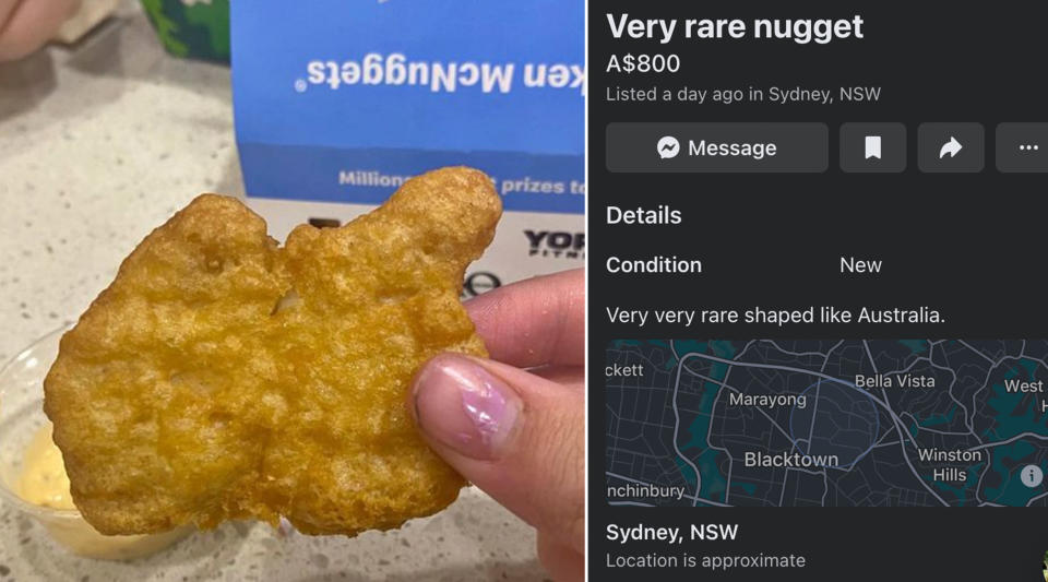A woman holding an Australia shaped chicken McNugget next to the Facebeook marketplace listing.