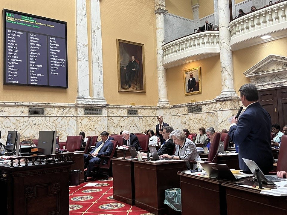 Maryland Sen. Malcolm Augustine, D-Prince George's, answers questions about SB1, a gas and electric consumer protection-related piece of legislation, from Senate Minority Leader Steve Hershey, R- Caroline/Cecil/Kent/Queen Anne's, on April 8, 2024.