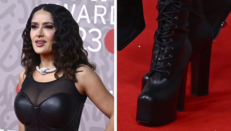 Salma Hayek wears lace-up platform boots at the BRIT Awards 2023 at The O2 Arena in London.