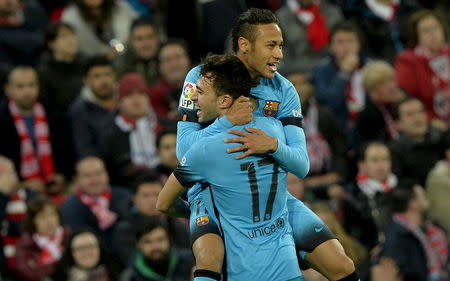 Football Soccer - Athletic Bilbao v Barcelona - Spain King's Cup- San Mames stadium, Bilbao, Spain - 20/01/16 Barcelona's Neymar de Silva celebrate his goal against Athletic Bilbao with team mate Munir el Haddadi. REUTERS/Vincent West