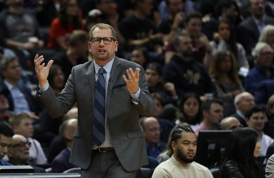 Toronto Raptors head coach Nick Nurse was upset about the officiating following his team's loss to the Boston Celtics. (Steve Russell/Toronto Star via Getty Images)