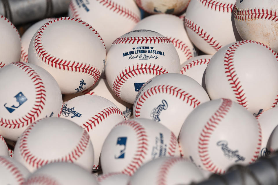 LOS ANGELES, CA - AUGUST 22: A bucket of major league baseball during batting practice in a MLB game between the Toronto Blue Jays and the Los Angeles Dodgers on August 22, 2019 at Dodger Stadium in Los Angeles, CA. (Photo by Brian Rothmuller/Icon Sportswire via Getty Images)