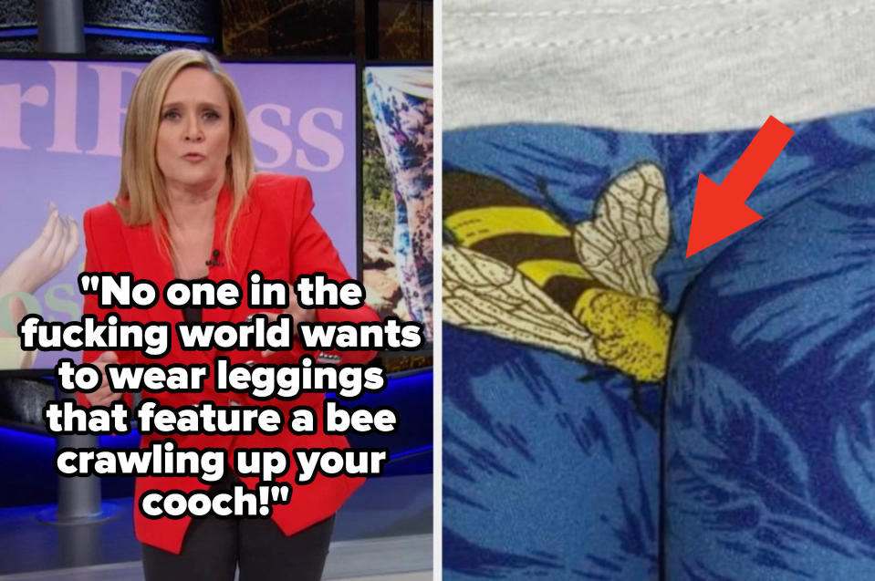 Samantha B roasting a pair of LulaRoe leggings for featuring a giant bumblebee right in the crotch