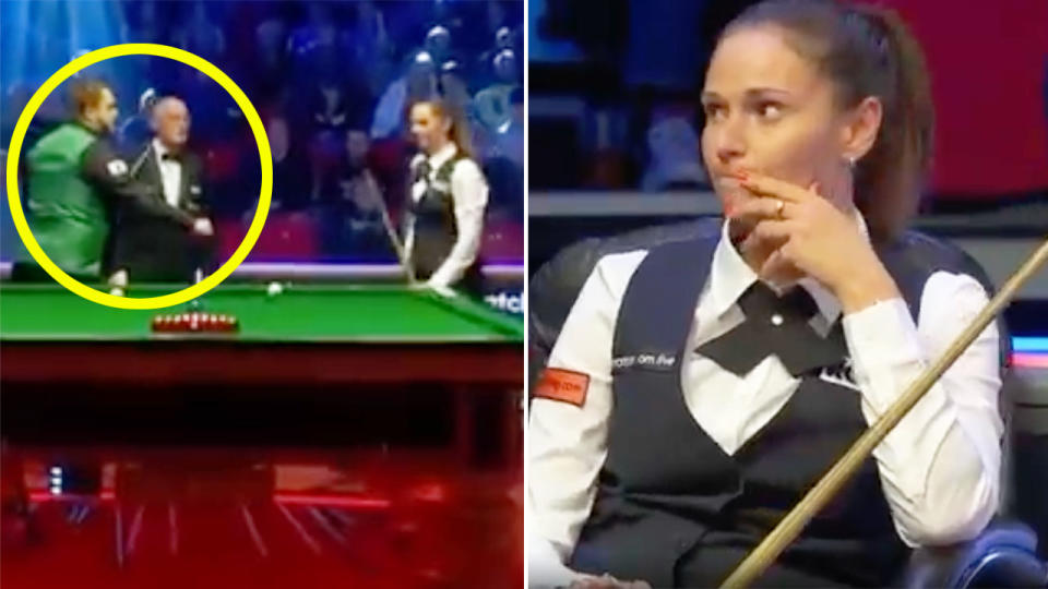 Pictured here, snooker player Reanne Evans ignored a fist bump offer from her ex Mark Allen.