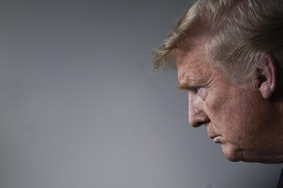 WASHINGTON, DC - MARCH 27: U.S. President Donald Trump speaks during a briefing on the coronavirus pandemic in the press briefing room of the White House on March 26, 2020 in Washington, DC. President Trump signed the H.R. 748, the CARES Act on Friday afternoon. Earlier in the day, the U.S. House of Representatives approved the $2 trillion stimulus bill that lawmakers hope will battle the economic effects of the COVID-19 pandemic. (Photo by Drew Angerer/Getty Images)