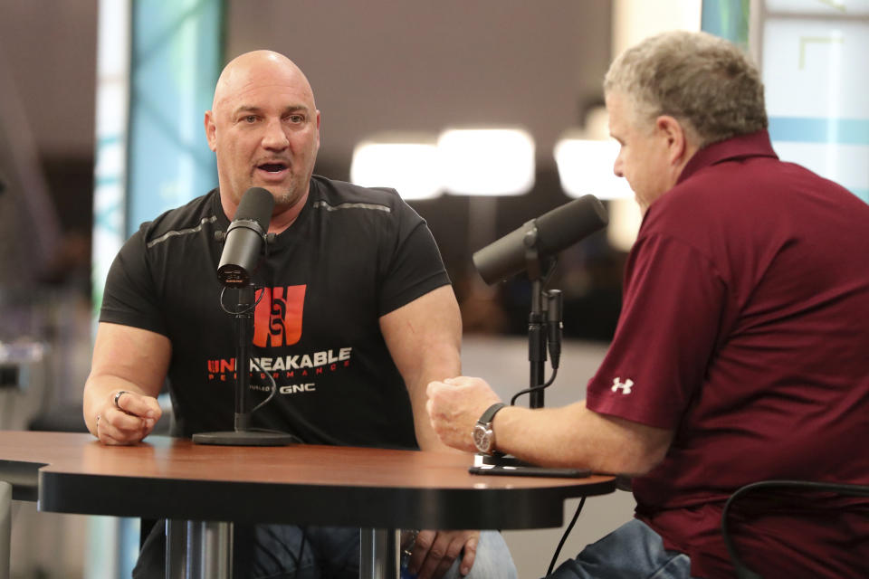 NFL insider Jay Glazer is interviewed by Peter King on Radio Row at the Super Bowl, Wednesday, Jan. 29, 2020, in Miami Beach, Fla. (Gregory Payan/AP Images for NFL)