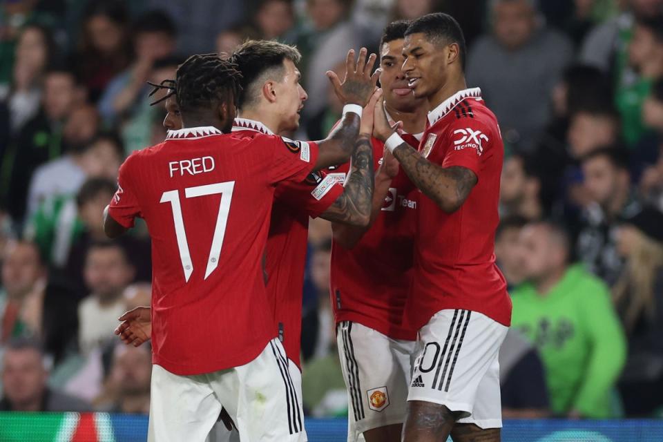 Marcus Rashford (right) scored Manchester United’s goal in the win at Real Betis (Isabel Infantes/PA) (PA Wire)