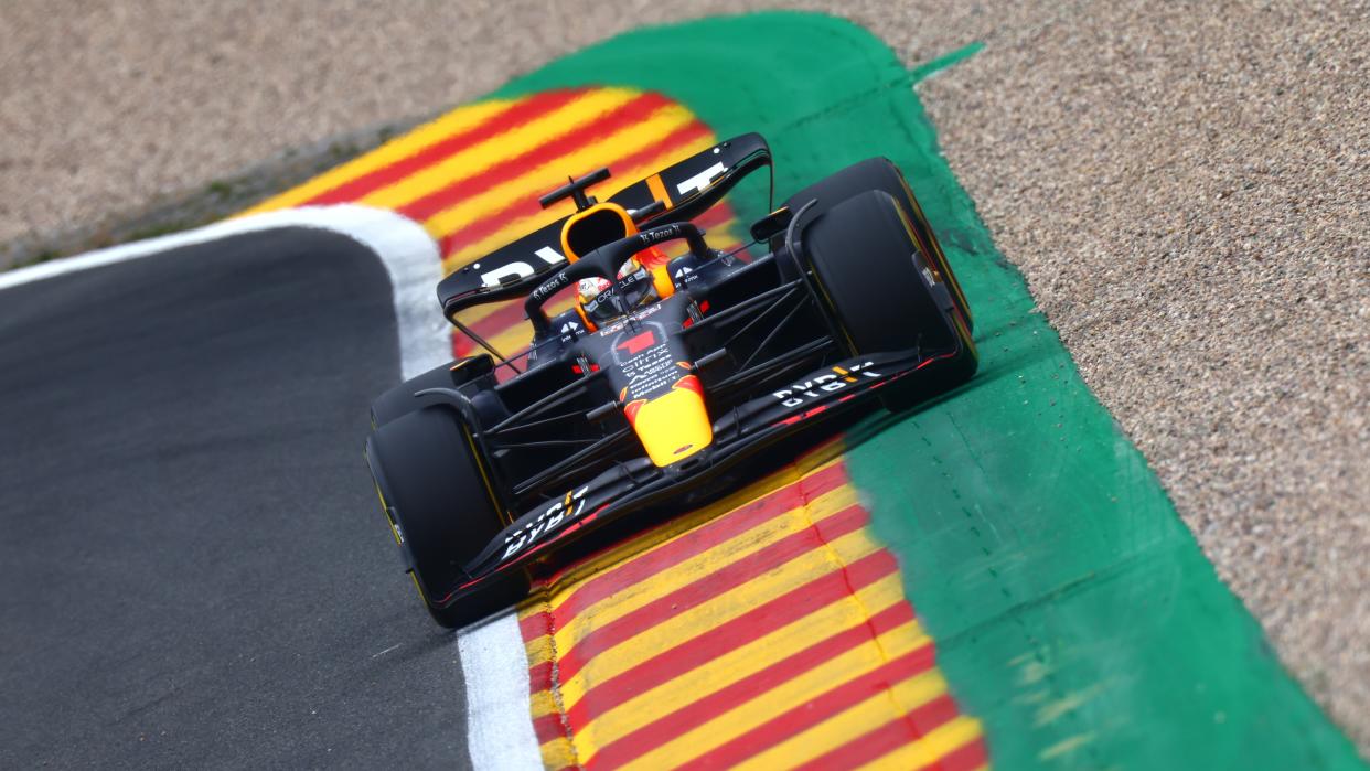  Max Verstappen of the Netherlands driving the Red Bull Racing car on track during practice ahead of the F1 Grand Prix of Belgium at Circuit de Spa-Francorchamps 