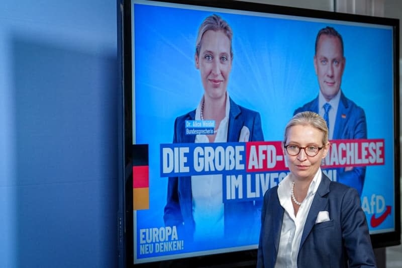 Chairman of the Alternative for Germany (AfD) parliamentary group in the Bundestag Alice Weidel arrives at a press conference after the European elections.  Kay Nietfeld/dpa