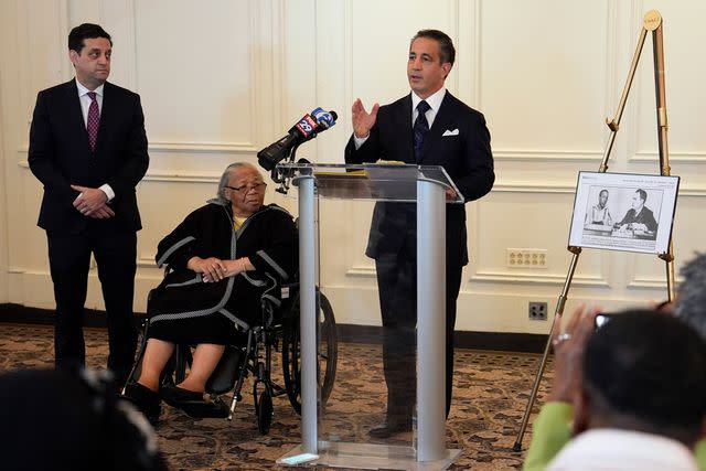 <p>AP Photo/Matt Slocum</p> Lawyer Joseph Marrone speaking at a news conference on May 20, 2024.