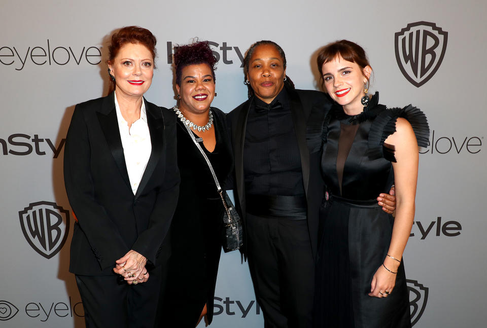 <p>Susan Sarandon, activists Rosa Clemente and Marai Larasi, and Emma Watson attend the 2018 InStyle and Warner Bros. Golden Globe party together. (Photo: Joe Scarnici/Getty Images for InStyle) </p>