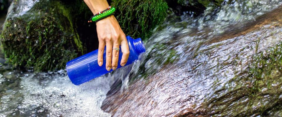 Person scooping water from natural spring into water bottle