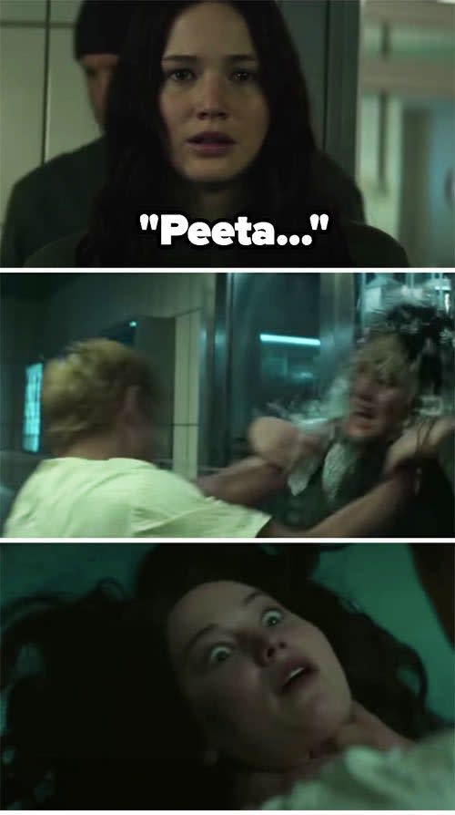 Peeta nearly choking Katniss to death on "The Hunger Games: Mockingjay — Part One"