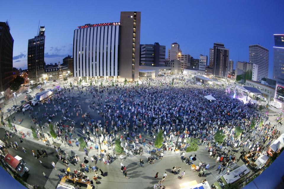 Large attendance at Trombone Shorty & Orleans Avenue at the City of Rochester Midtown Stage during the Xerox Rochester International Jazz Festival.
